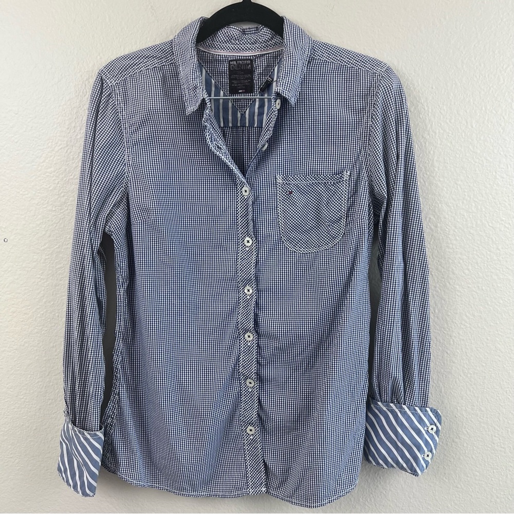 Hilfiger Denim Blue Checkered Women’s Shirt Small Striped Cuff Inset Vintage